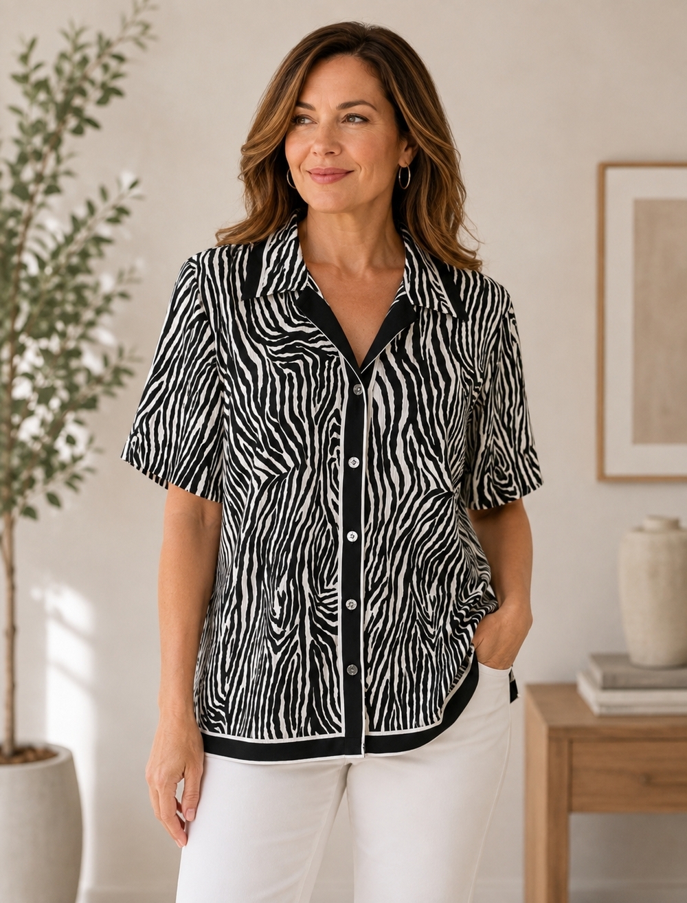 Allison Daley Zebra Print Button Front Shirt Black White Size 10 VG